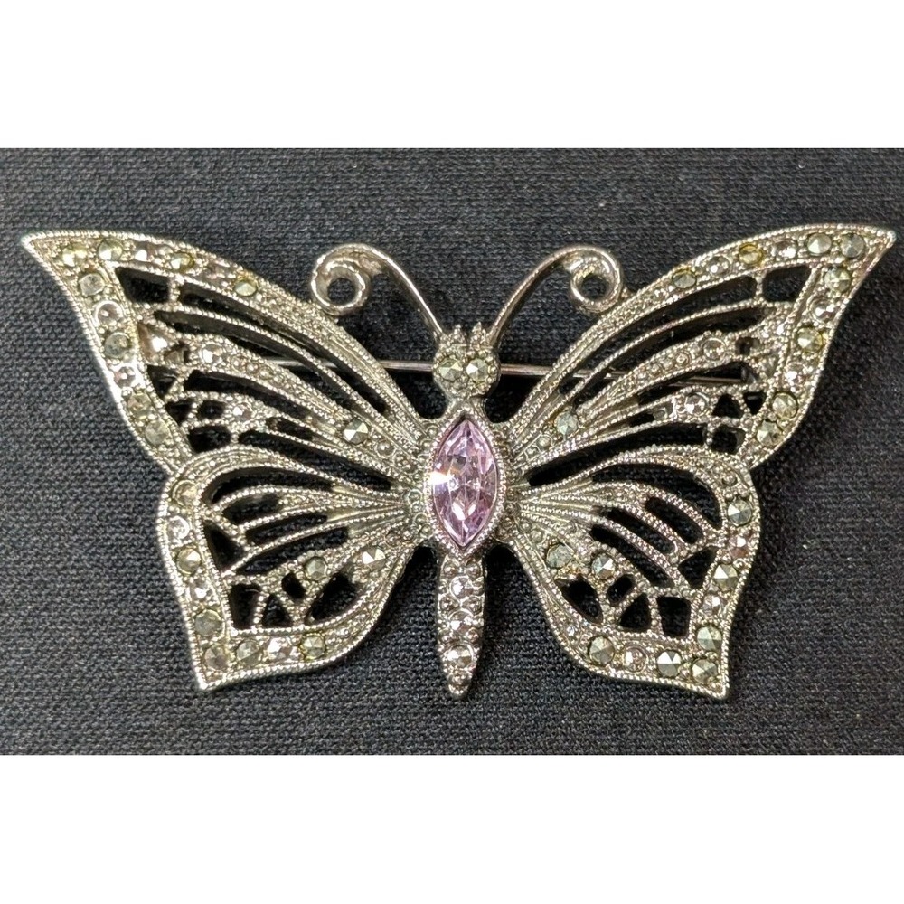 Vintage Silver Tone Butterfly‎ Brooch Marcasite Rhinestone Purple Crystal Pin